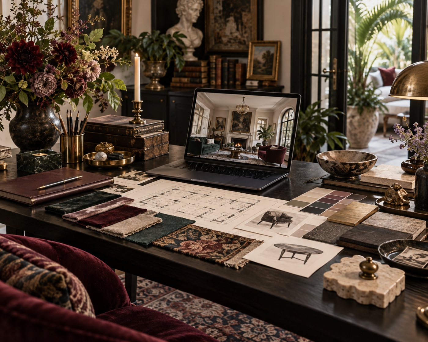 Design visualization of a design desk: a floor plan, velvet and tapestry fabric samples, stone and brass finish samples, a paint palette and furniture sketches laid out beside a laptop showing a living room rendering.
