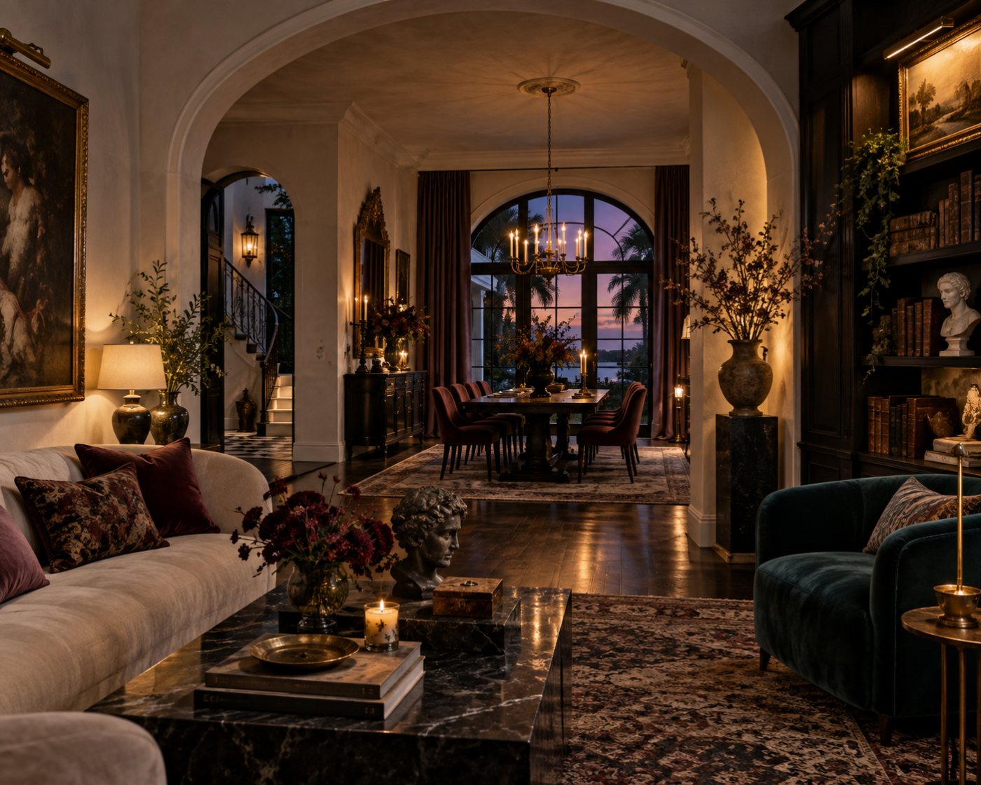 Design visualization of an evening interior: candlelight in a living room with a marble coffee table and bronze bust, opening through a wide arch to a dining room under a candle chandelier, with a dusk sky beyond an arched window.