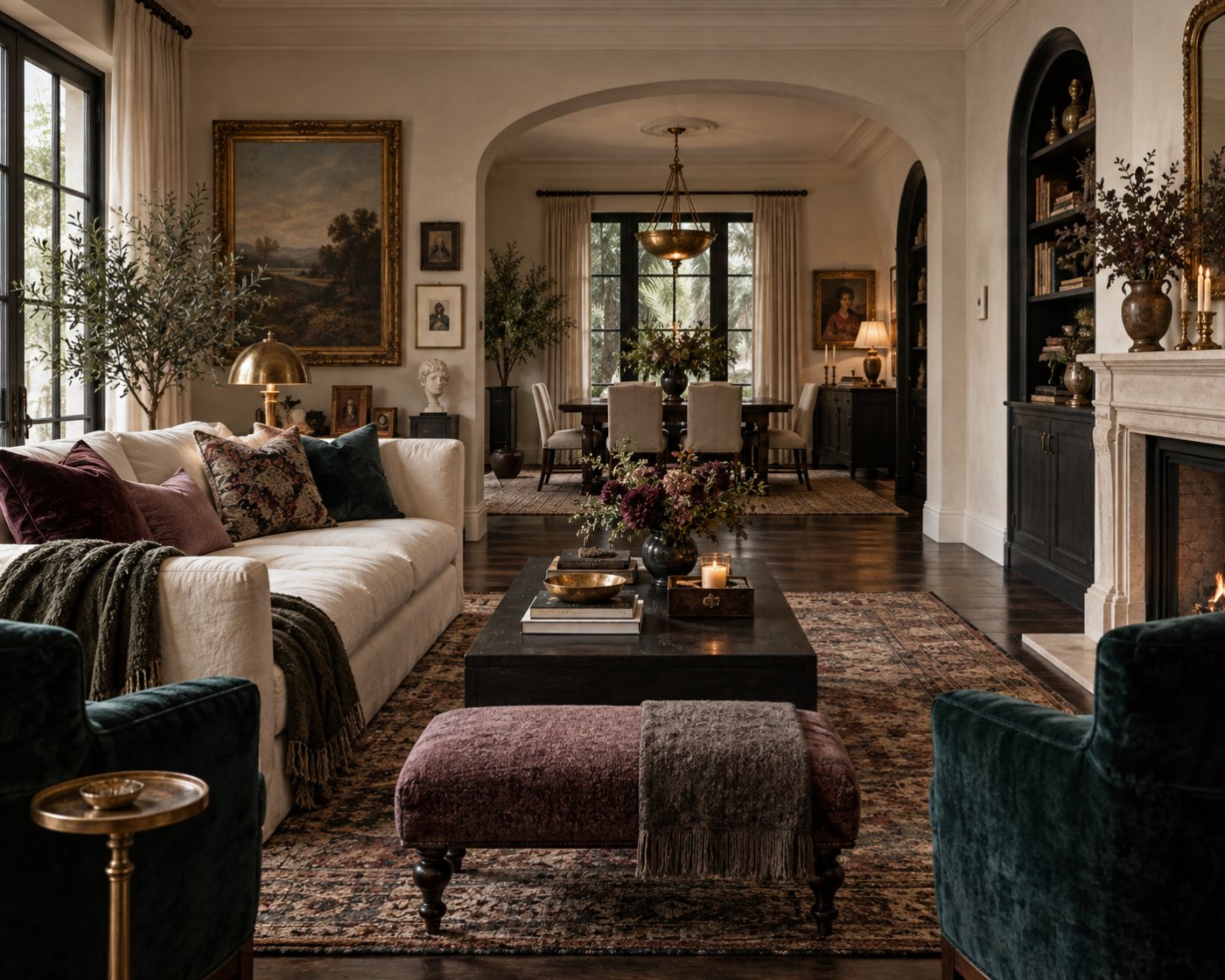 Design visualization of a living room: a cream slipcovered sofa with plum and green velvet cushions, a pair of green velvet armchairs, a dark coffee table on a worn Persian rug, a stone fireplace, and an arched opening to a dining room lit by a brass pendant.