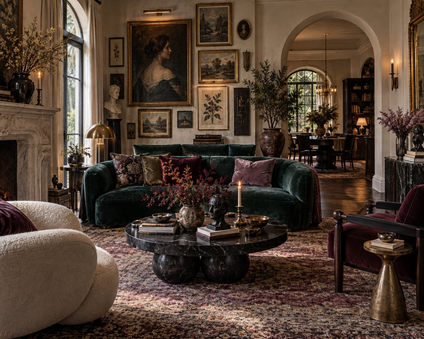 Design visualization of a salon: a curved green velvet sofa beneath a gallery wall of gilt-framed portraits and landscapes, a round black marble coffee table, a cream bouclé chair and a burgundy velvet armchair.