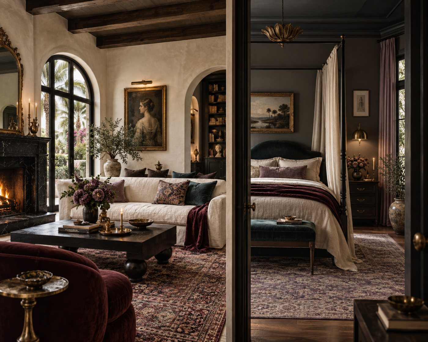 Design visualization of a residence where a beamed living room with a black marble fireplace and arched windows opens through a dark doorway into a bedroom with a canopy bed, velvet throw and brass sconce.
