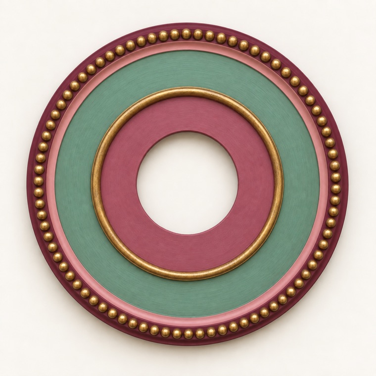 Digital color preview of a circular ceiling medallion in muted green, berry mauve and antique gold.