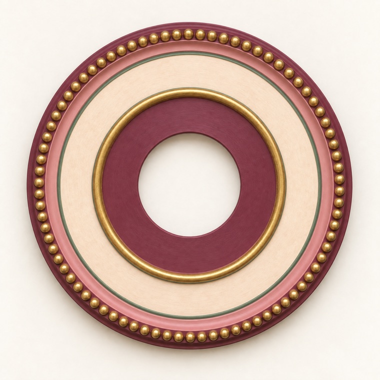 Digital color preview of a ceiling medallion in warm parchment, deep plum, blush and antique gold.