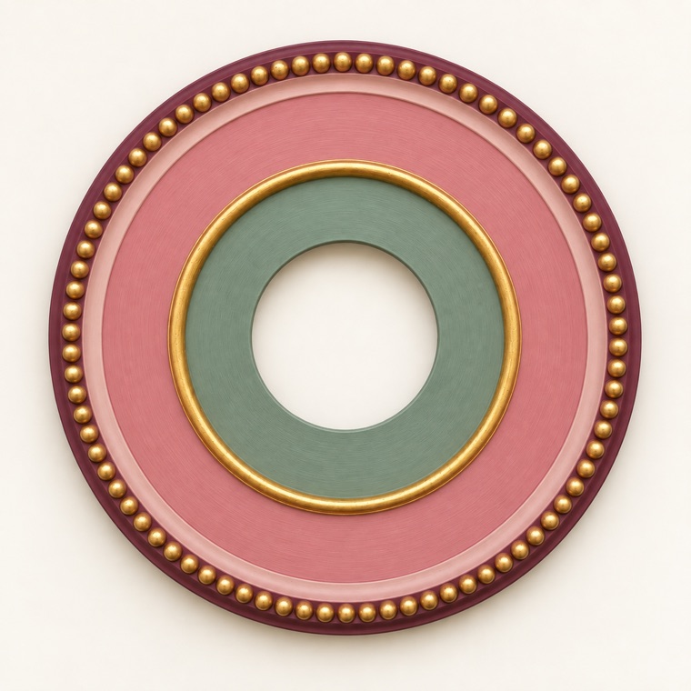 Digital color preview of a ceiling medallion in dusty pink, muted green, plum and antique gold.