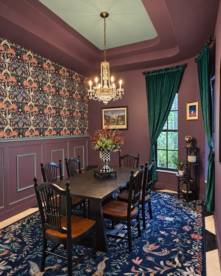 Dining room with plum walls, painted panelling, patterned wallcovering, green velvet curtains and a crystal chandelier over a dark timber table.