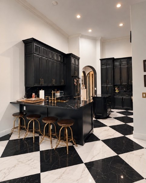 Kitchen with black cabinetry, brass hardware, a dark stone peninsula counter with brass bar stools, an arched opening and a black-and-white marble checkerboard floor.