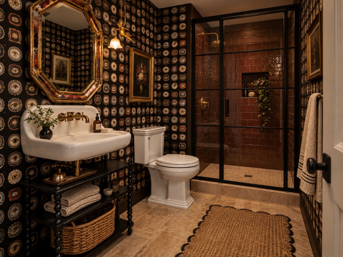 Design visualization of the proposed guest bathroom: walls papered floor to ceiling in a dark Victorian lovers-eyes pattern, a white wall-mount trough sink with brass tapware, a gilt octagonal mirror, an ebonised turned-wood console, and a black-framed shower lined in oxblood glazed tile.