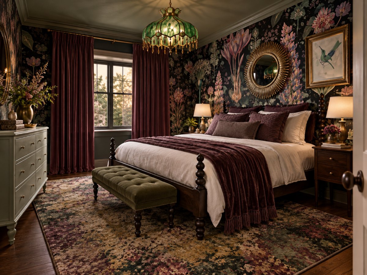 Design visualization of the proposed primary bedroom: dark botanical wallpaper with crocus and lupin, burgundy velvet curtains, a dark spool bed dressed in plum and cream, a green stained-glass swag chandelier, a sage dresser and a gilt sunburst mirror.