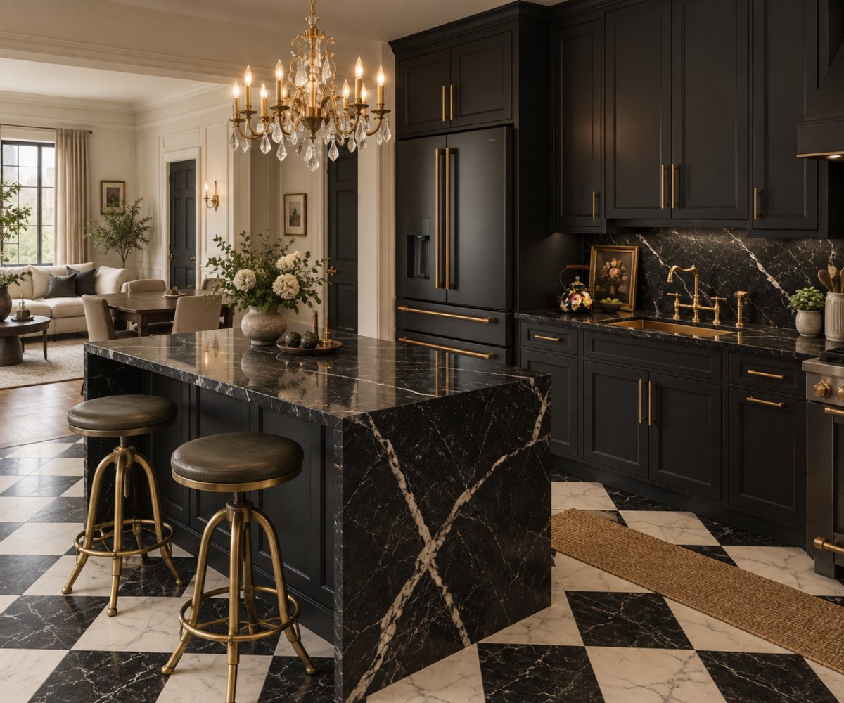 Design visualization of a kitchen with ebony cabinetry to the ceiling, brass hardware and tapware, a black marble island with brass stools, a crystal and brass chandelier, and a black-and-white marble checkerboard floor, open to a pale living room beyond.