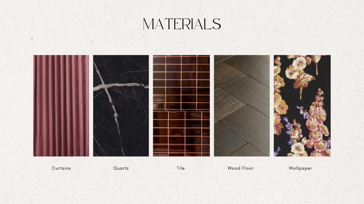 Materials board showing five samples in a row, labelled curtains in rose silk, black veined quartz, oxblood glazed tile, dark herringbone wood floor, and dark floral wallpaper.