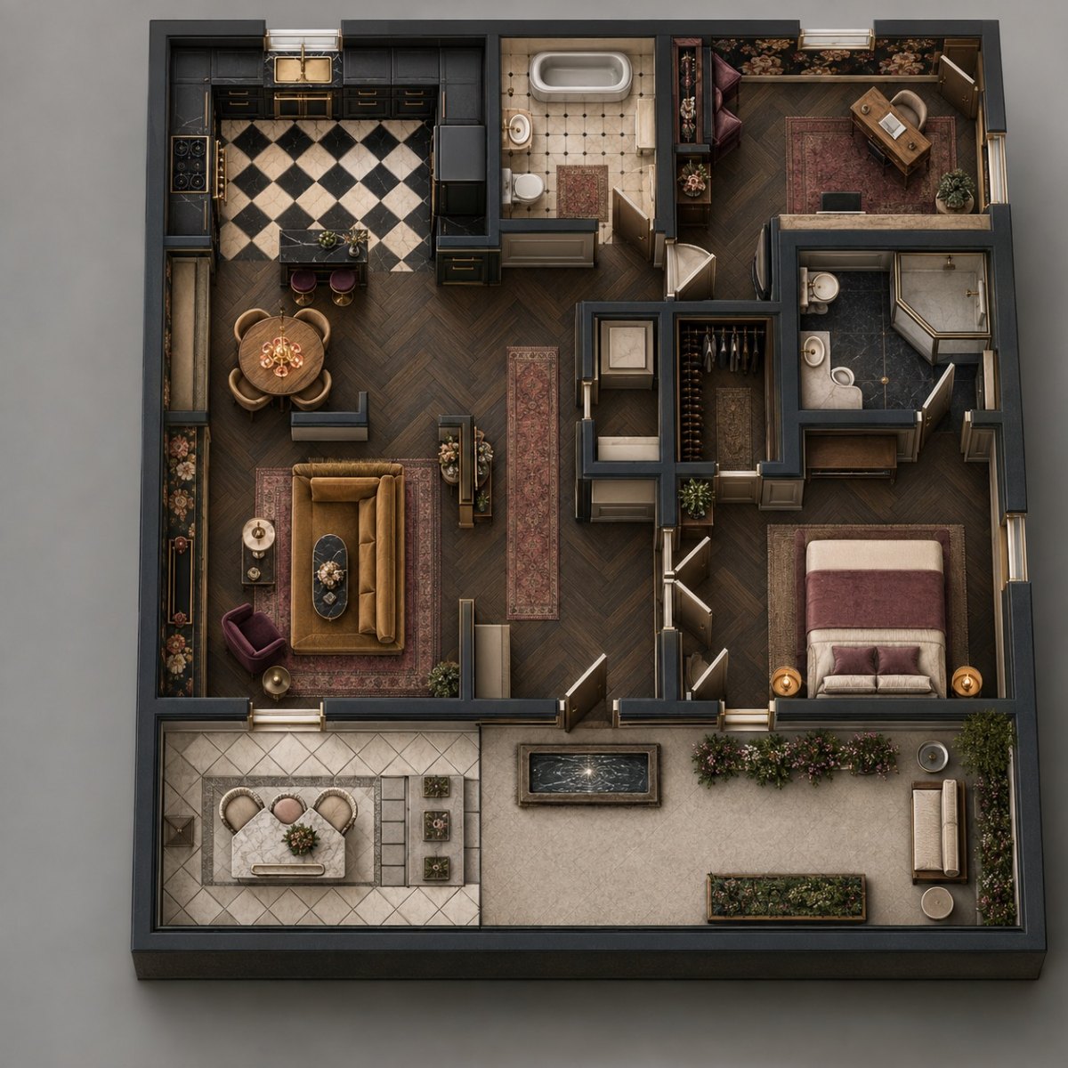 Furnished plan seen from above as a three-dimensional cutaway model: dark herringbone floors throughout, a checkerboard kitchen floor, an ochre sofa in the living room, a plum bed in the primary bedroom, and a tiled front porch along one side.