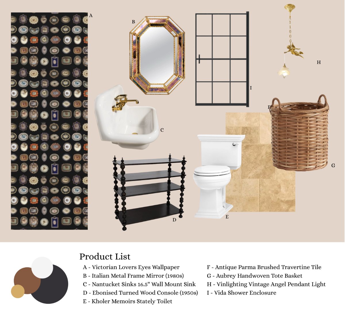 Guest bathroom sourcing board: lovers-eyes wallpaper panel, gilt octagonal mirror, wall-mount sink with brass tap, ebonised turned-wood console, white toilet, travertine tile, woven basket, brass angel pendant and a black-framed shower enclosure, with a keyed product list beneath.