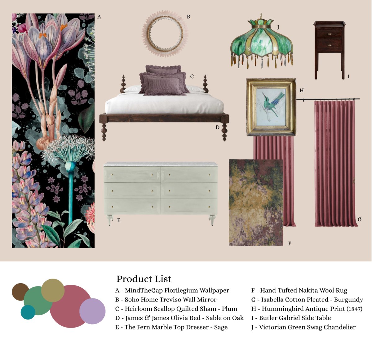 Primary bedroom sourcing board: botanical wallpaper panel, pale feathered wall mirror, plum quilted shams, dark spool bed, sage marble-top dresser, tufted rug, burgundy pleated curtains, framed hummingbird print, side table and a green stained-glass swag chandelier, with a keyed product list beneath.