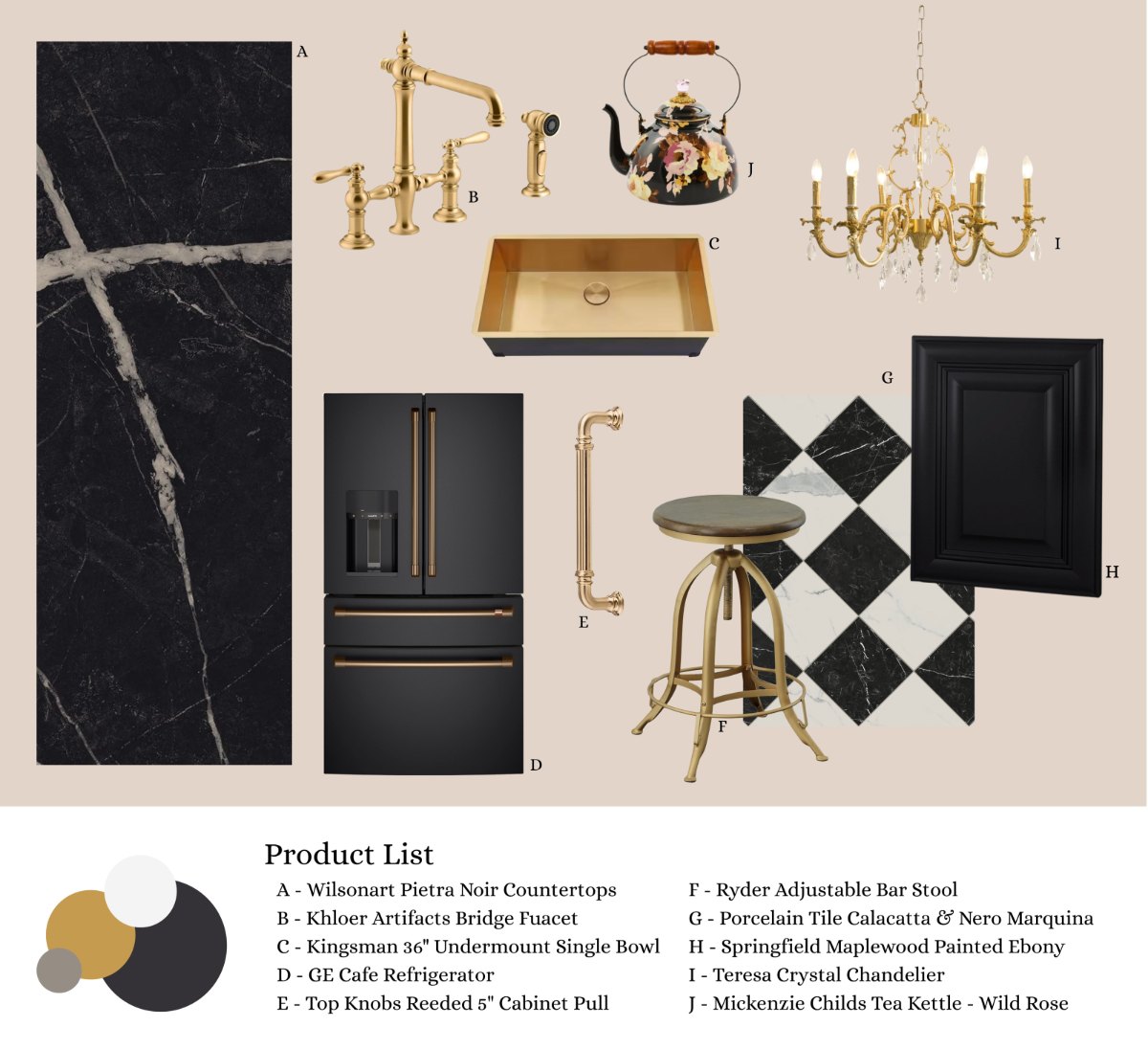 Kitchen sourcing board: black veined countertop slab, brass bridge faucet, brass undermount sink, matte black refrigerator, reeded brass cabinet pull, brass bar stool, checkerboard porcelain tile, ebony cabinet door and a crystal chandelier, with a keyed product list beneath and a three-colour palette of gold, ivory and near-black.